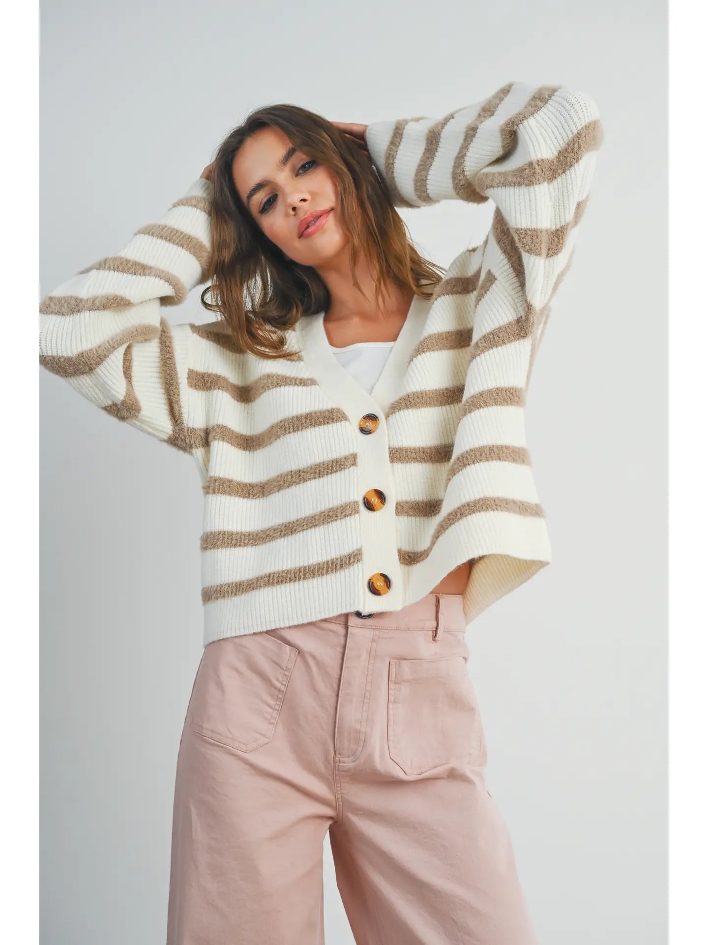 Striped Button Front Long Sleeve Cardigan
