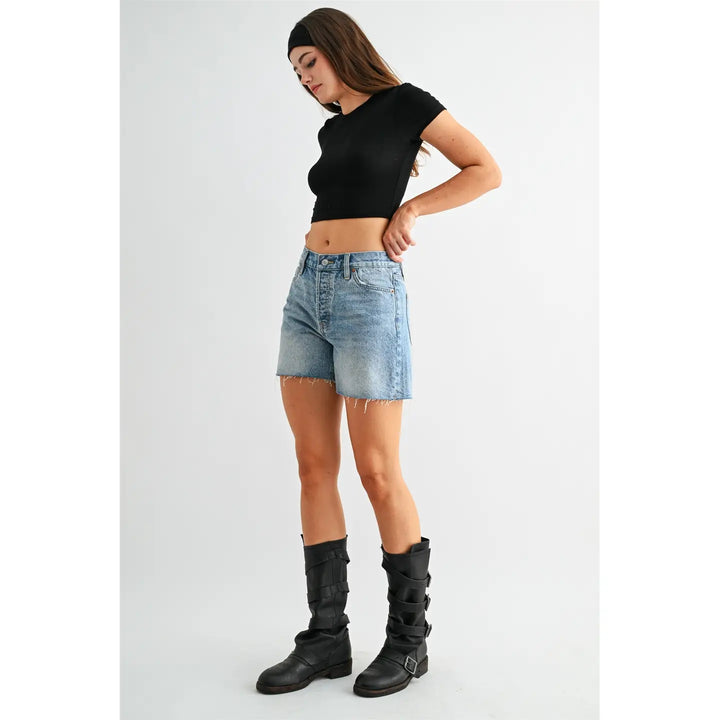 High-Rise Shorts Raw Hem Button Up