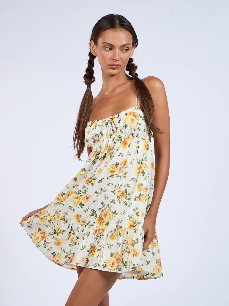 Lemon Floral Open Back with Crossed Tie Mini Dress