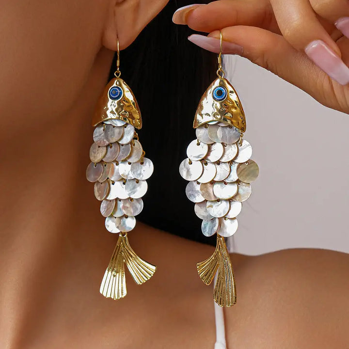 Fish-Shaped Shell Tassel Earrings