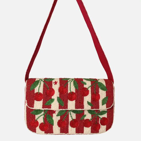 Cherries Stripes Beaded Shoulder Bag