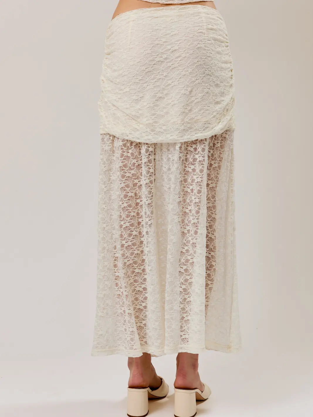 Ruched Asymmetrical Drop Waist Lace Midi Skirt