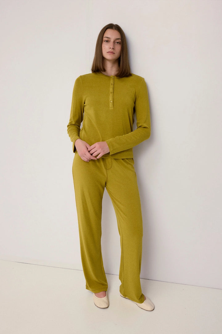 Chartreuse Callie Top | Henley Soft Knit Long Sleeve