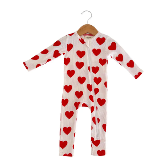 Organic Waffle 2-Way Zip Romper, Red Heart