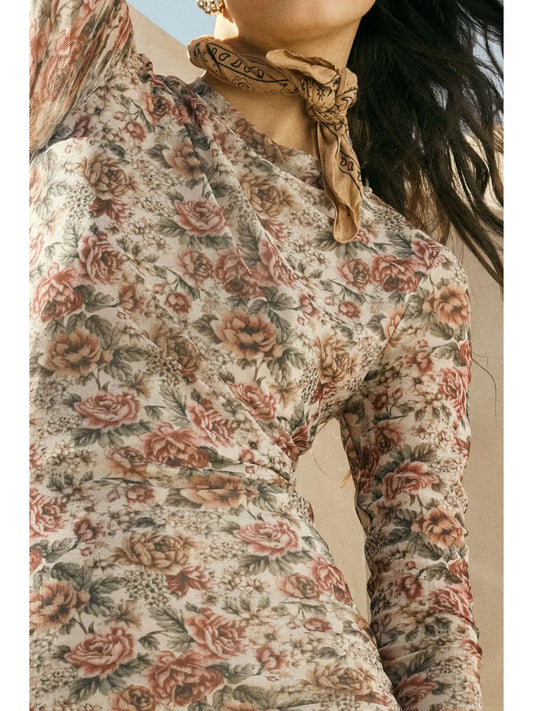 Floral Mesh Mock-Neck Long-Sleeve Midi Dress