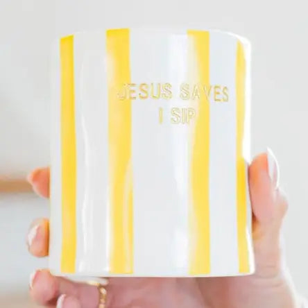 Christian Travel Mug | "Jesus Saves I Sip" Coffee Cup, Yellow Stripes, Gold Lettering