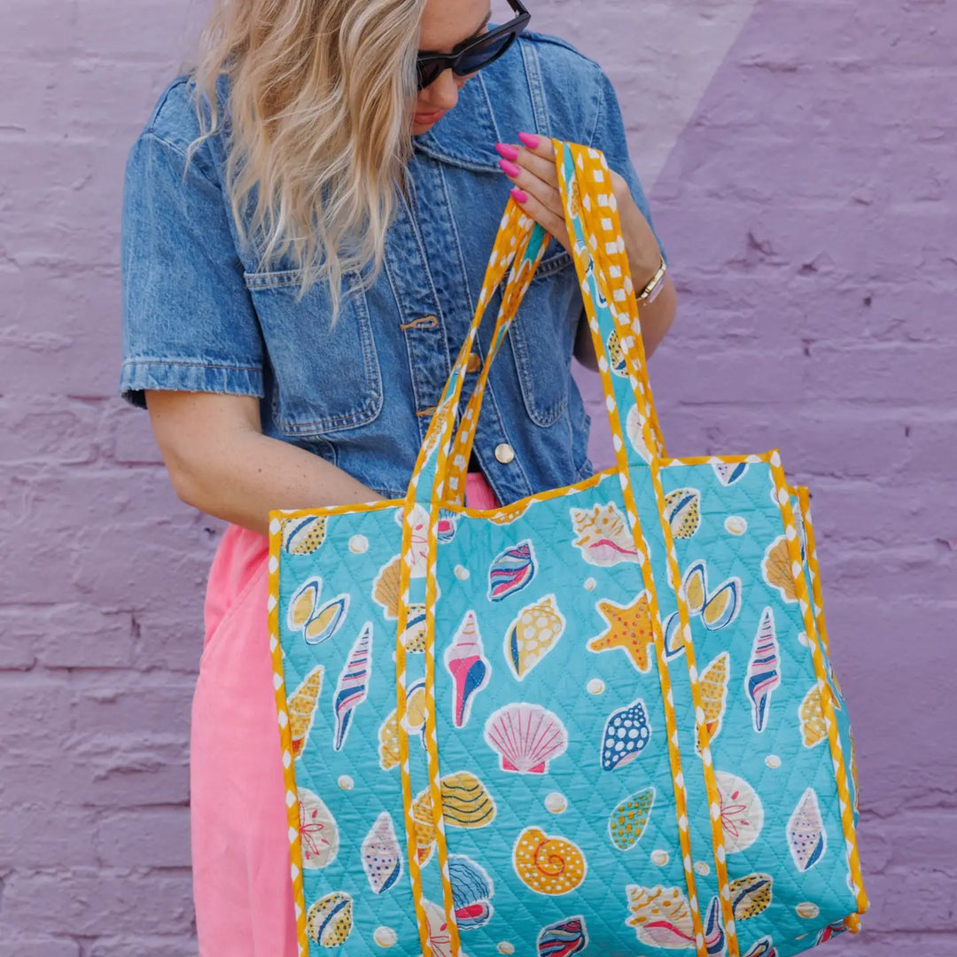Quilted Tote Bag | Aqua Seashell | Large Shopping Tote Bag
