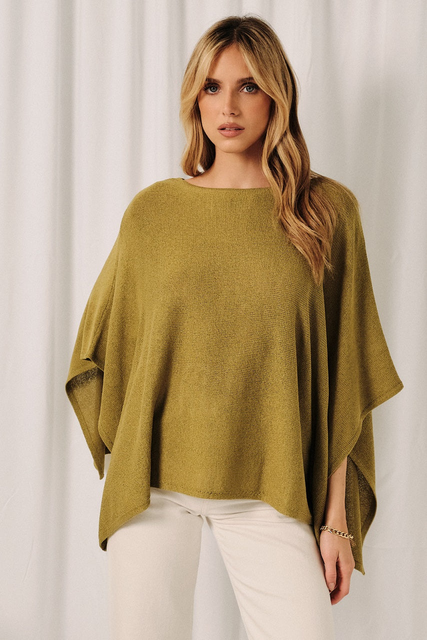 Chartreuse Loose Fit Open Knit Boatneck Layering Cape Sweater