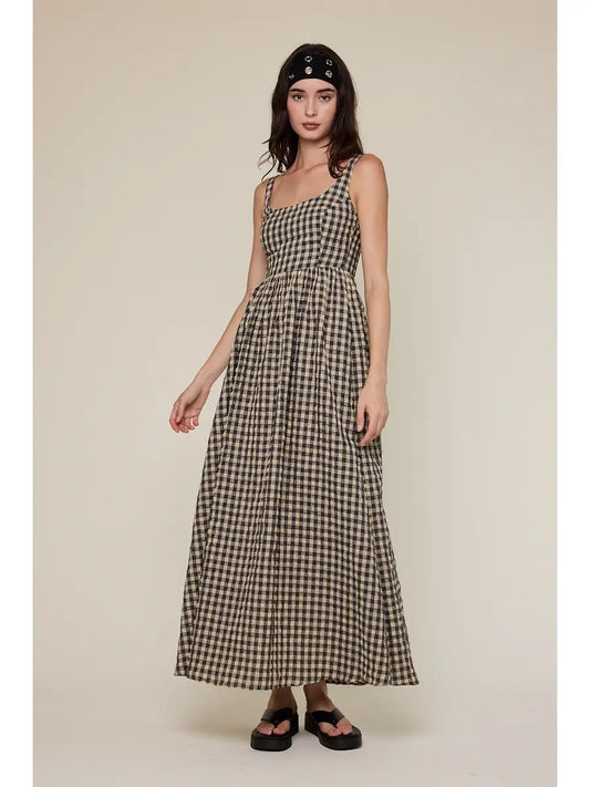Checker Print U-Neck Sleeveless Plain Maxi Dress