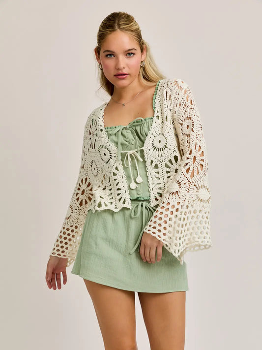Long Sleeve Crochet Front Tie Open Top
