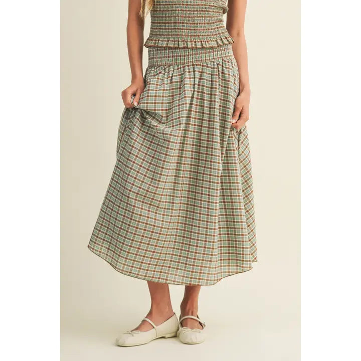Wide Smocked Waistband Midi Skirt