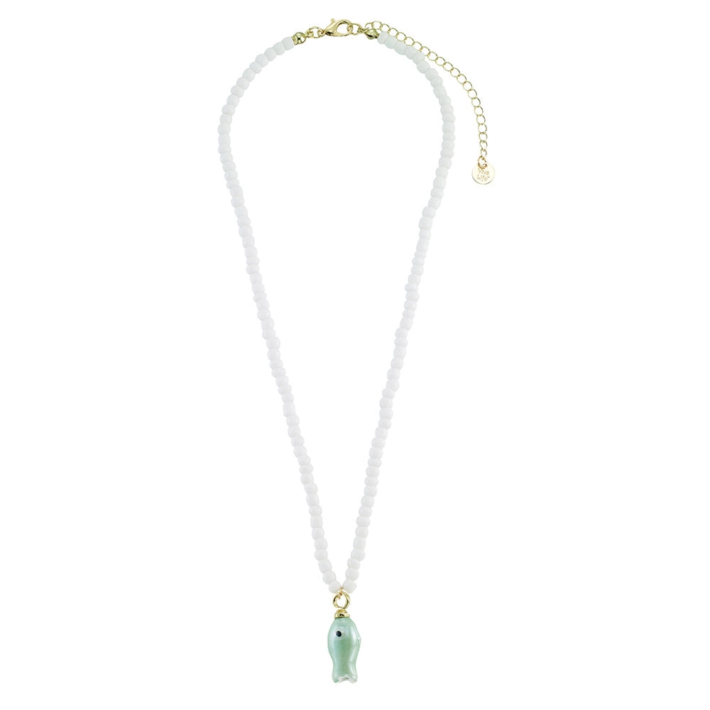 Ceramic Sardine with White Seedbead Necklace