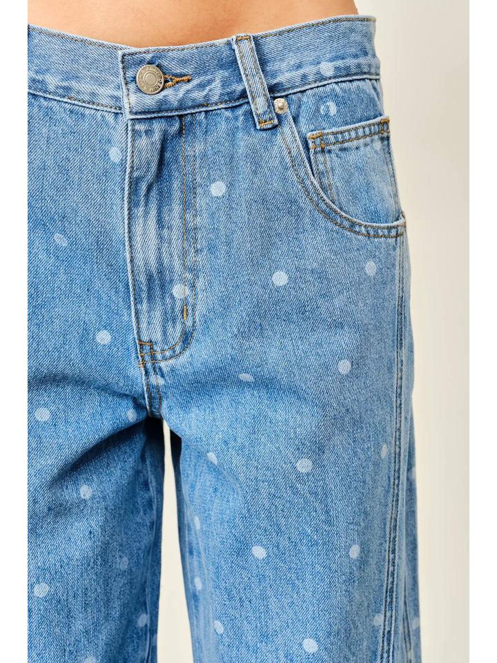 Polka Dot Curved Seam Denim Pants