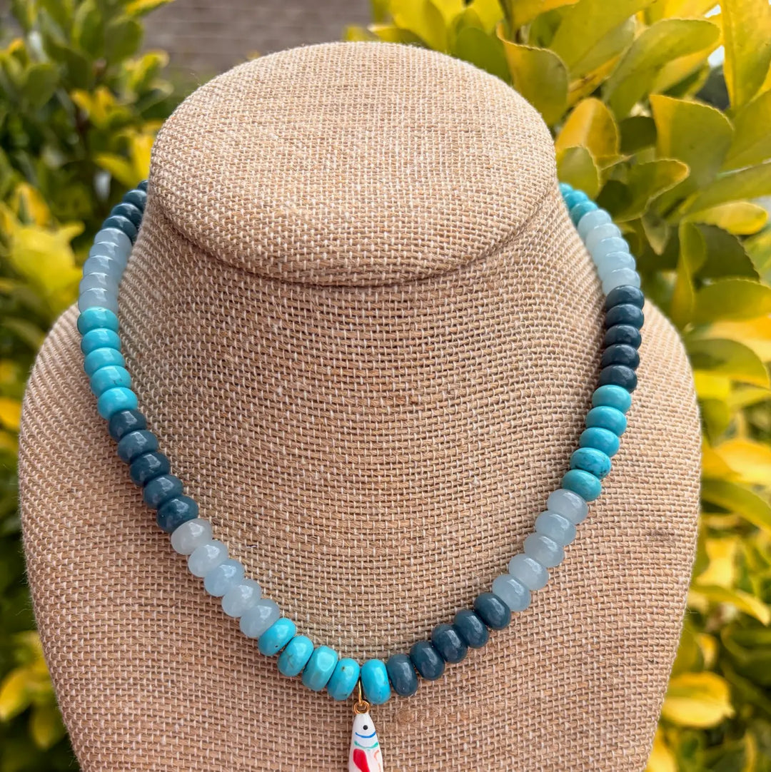 Mixed Blue Rondelles with Multi Colored Fish Charm