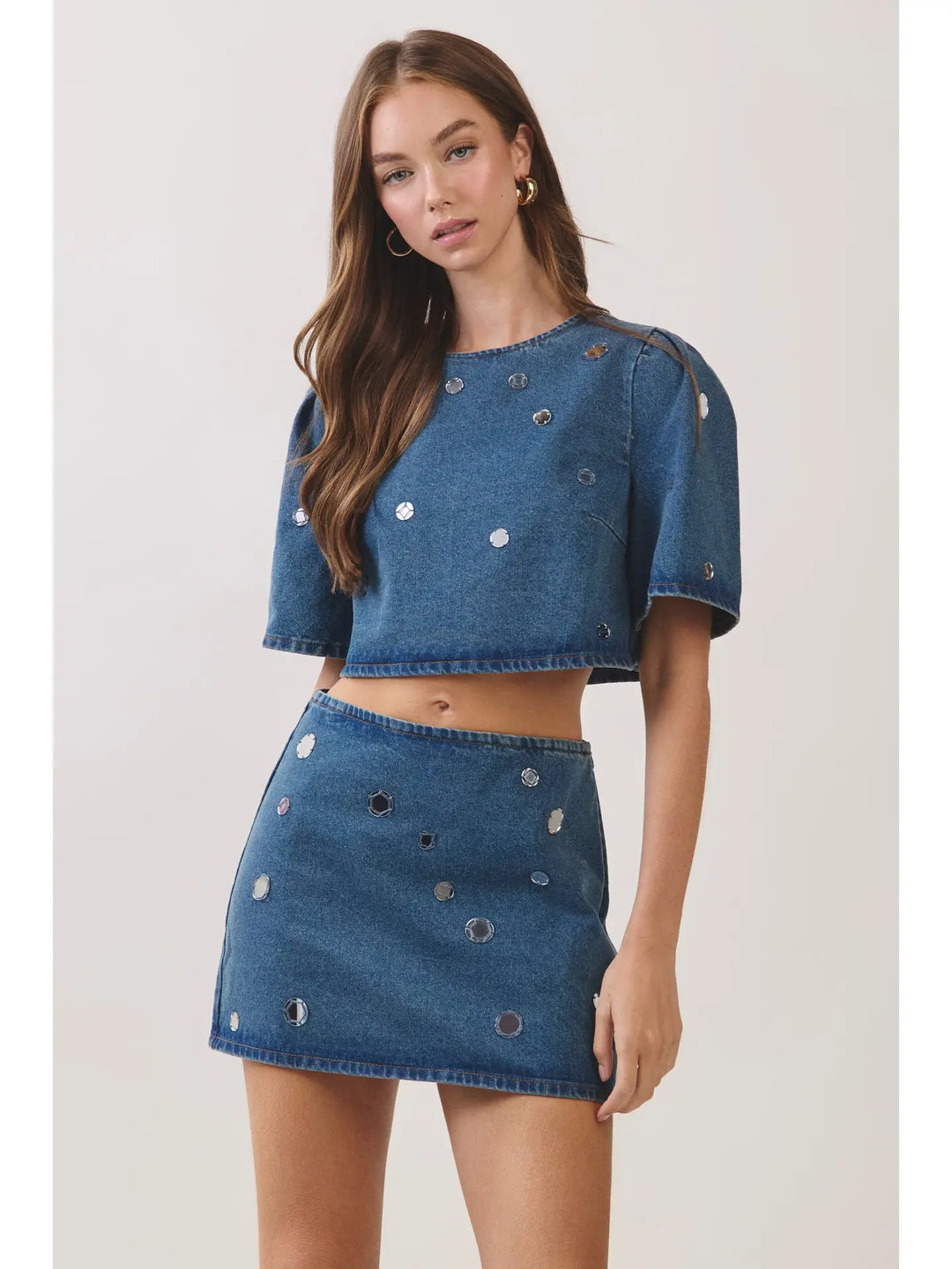 Embellished Denim Puff Sleeve Crop Top