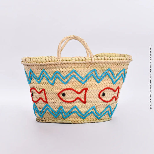 Handwoven Straw Beach Bag with Fish Motif - Vacation Bag