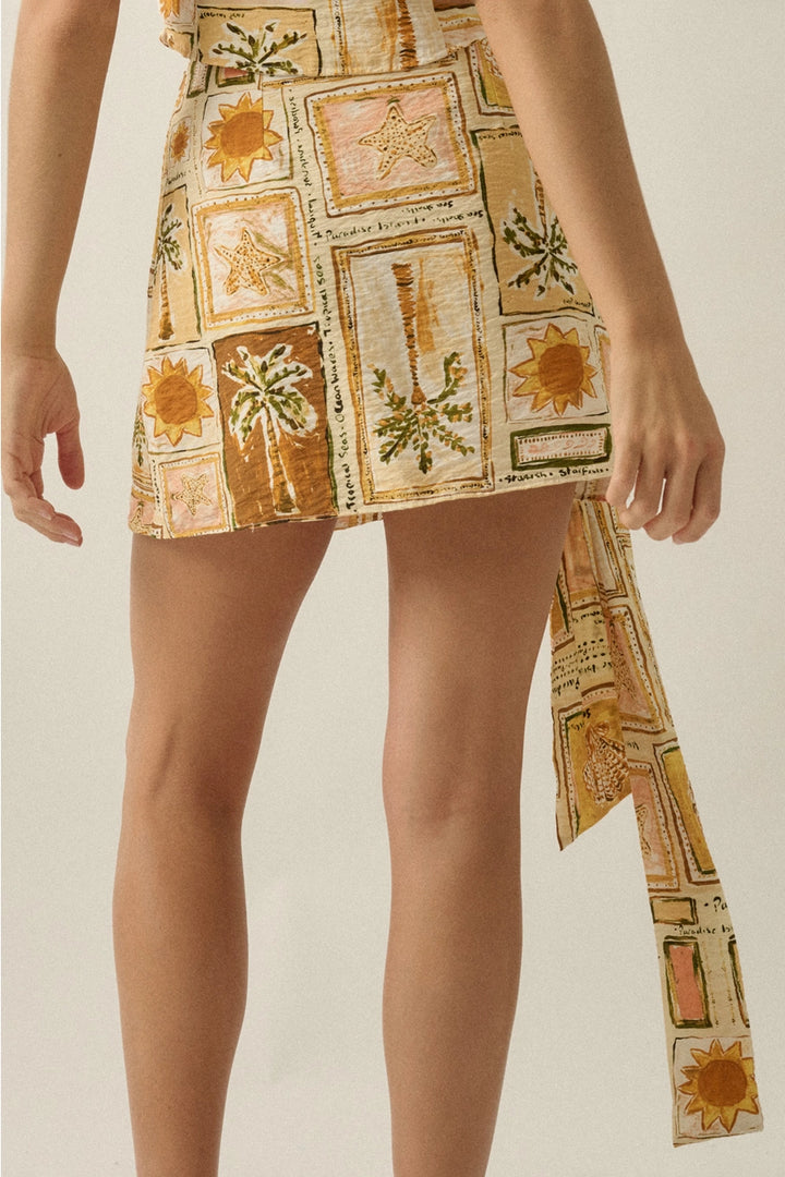 Tropical-Print Side-Tie Wrap Mini Skort