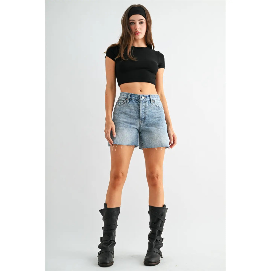 High-Rise Shorts Raw Hem Button Up