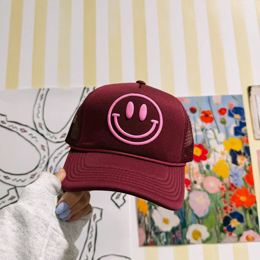 Puff Smiley Trucker Hat - Burgundy / Pink