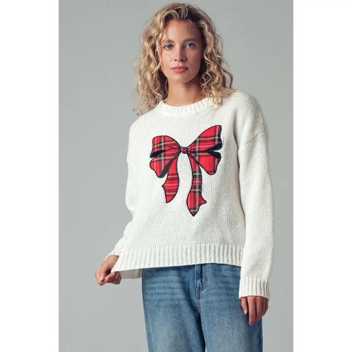 Tartan Plaid Bow Patch Knit Sweater