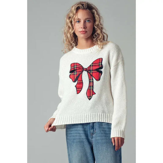 Tartan Plaid Bow Patch Knit Sweater