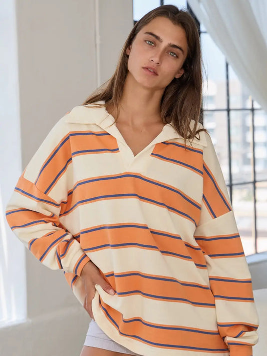 Contrast Collared Neck Striped Polo Tunic Top