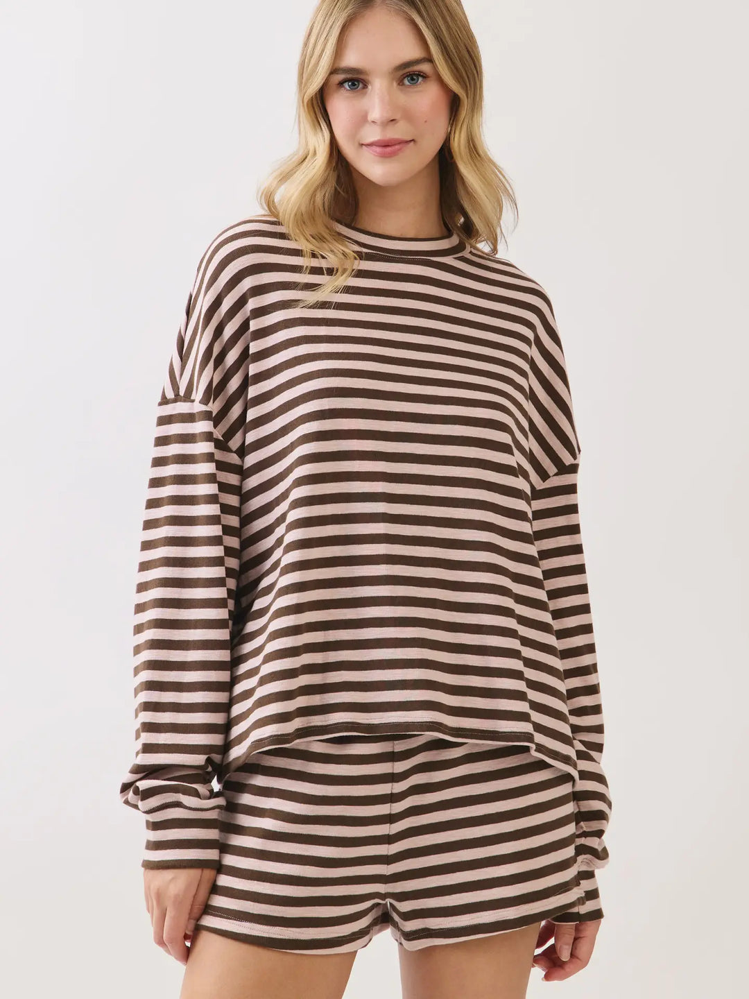 Striped Dropped Shoulders Relaxed Long Sleeve Top