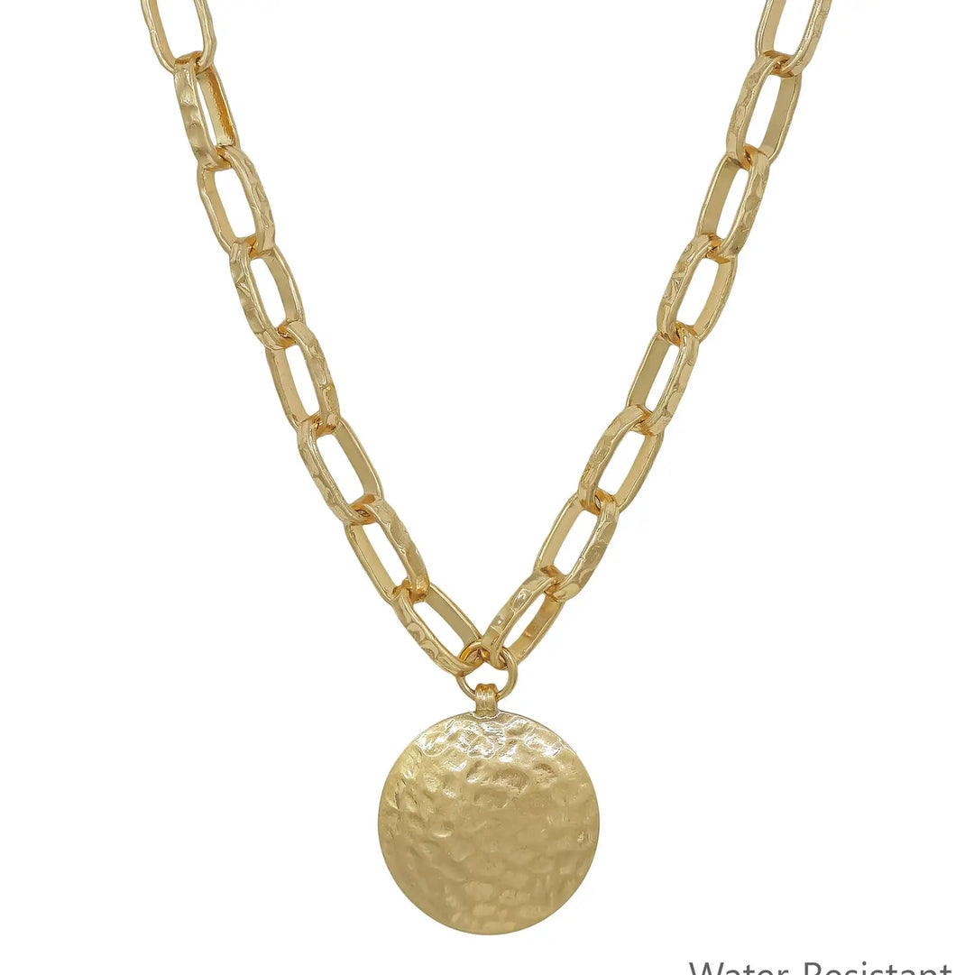Water Resistant Gold Open Chain with Hammered Circle 16"-18" Necklace