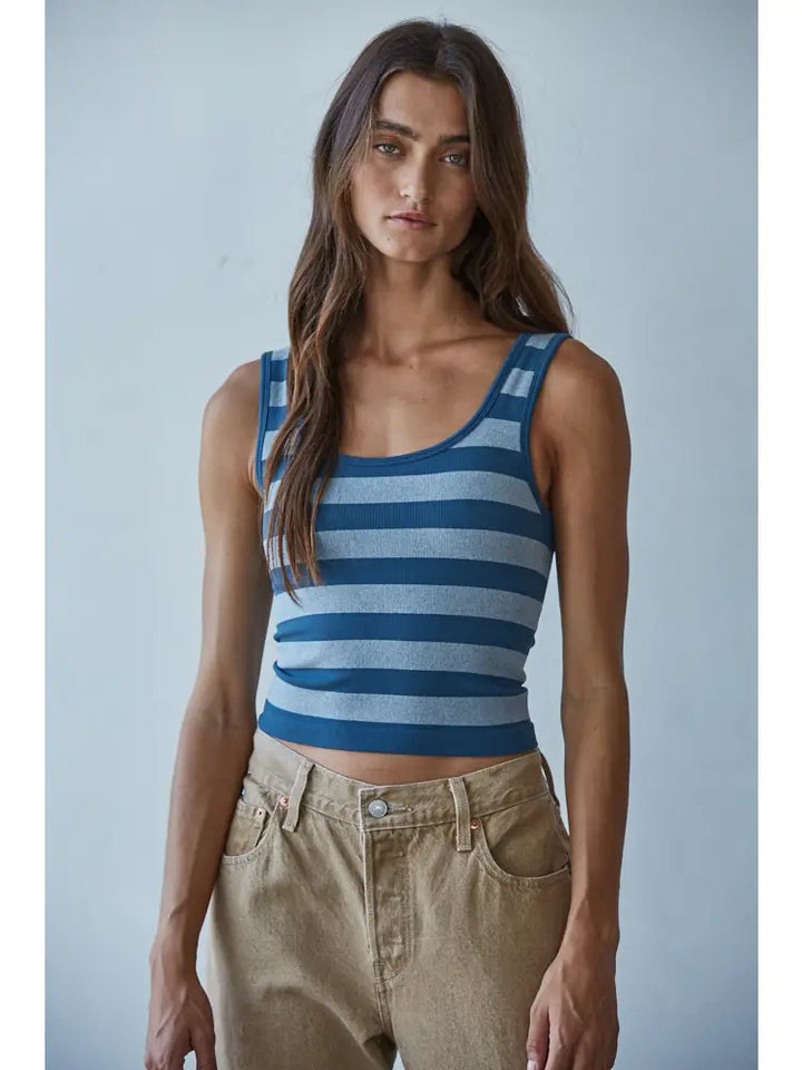Navy Knit Striped Seamless Padded Tank Top