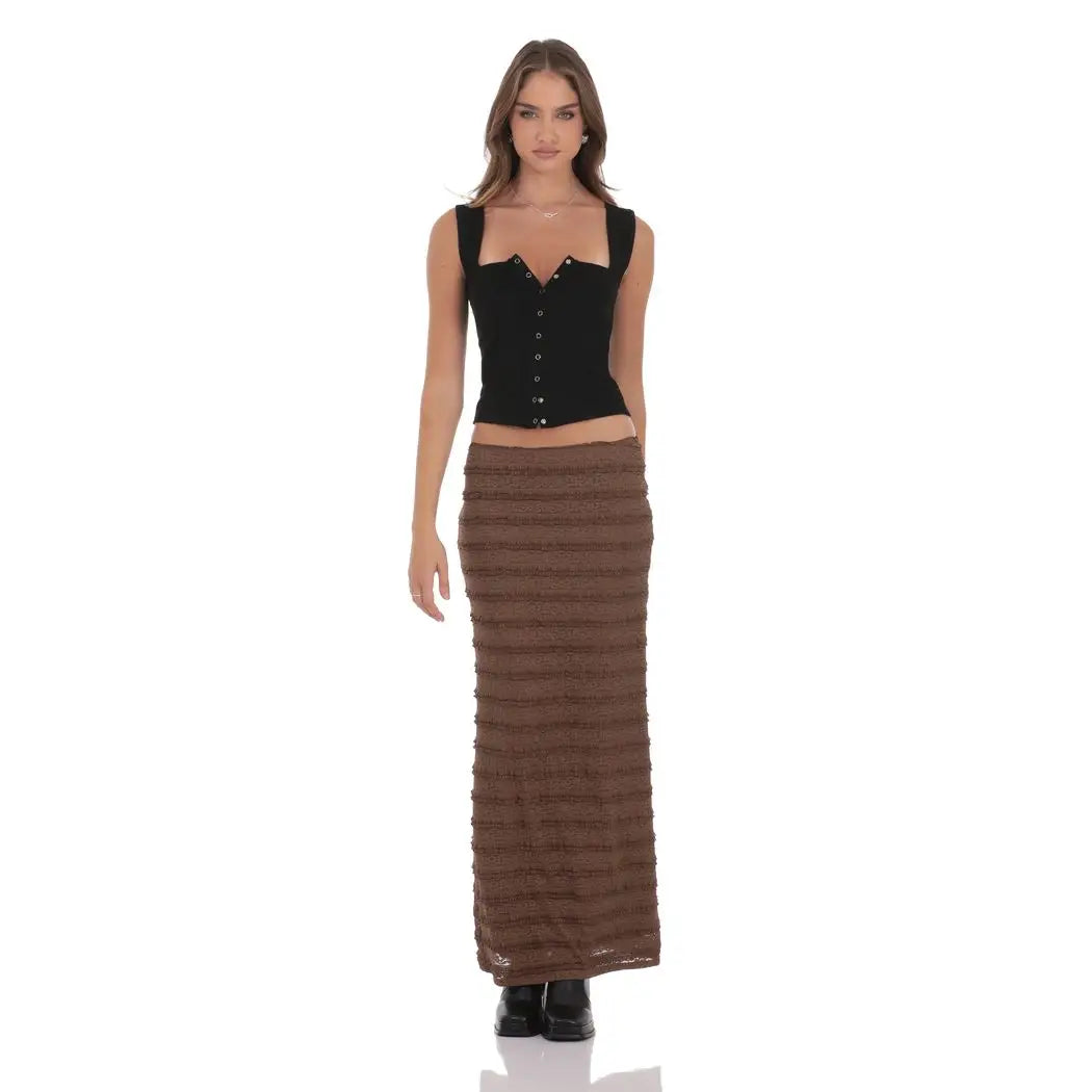 Ruffle Lace Maxi Skirt in Brown