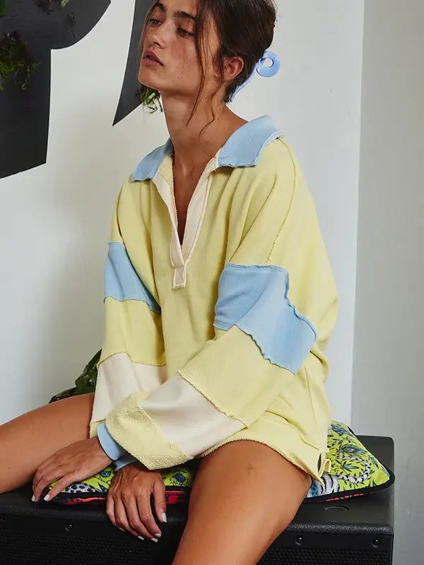 French Terry Color-Block Collared Loose Fit Top