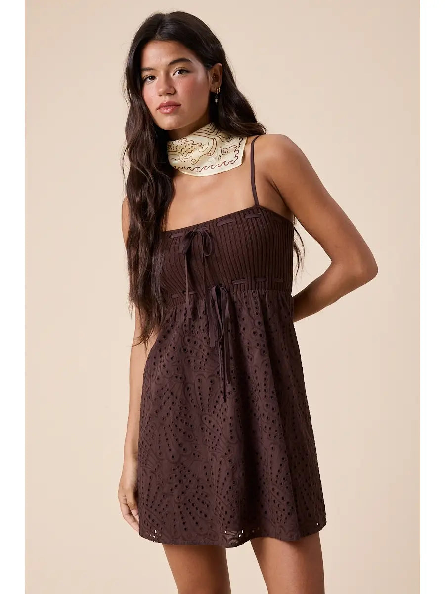 Knit Bust Eyelet Print Front Tie Swing Mini Dress