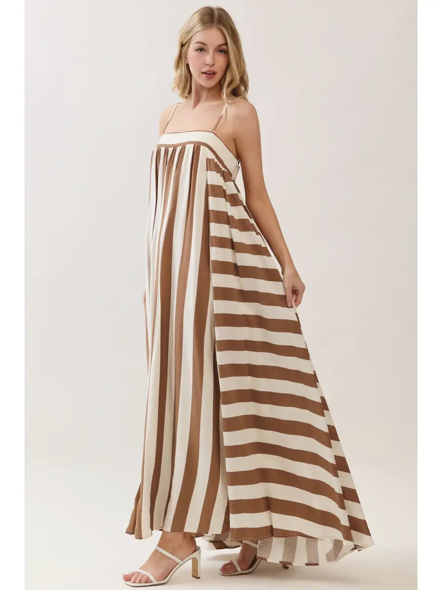 Mocha Striped Print Sleeveless Maxi Dress