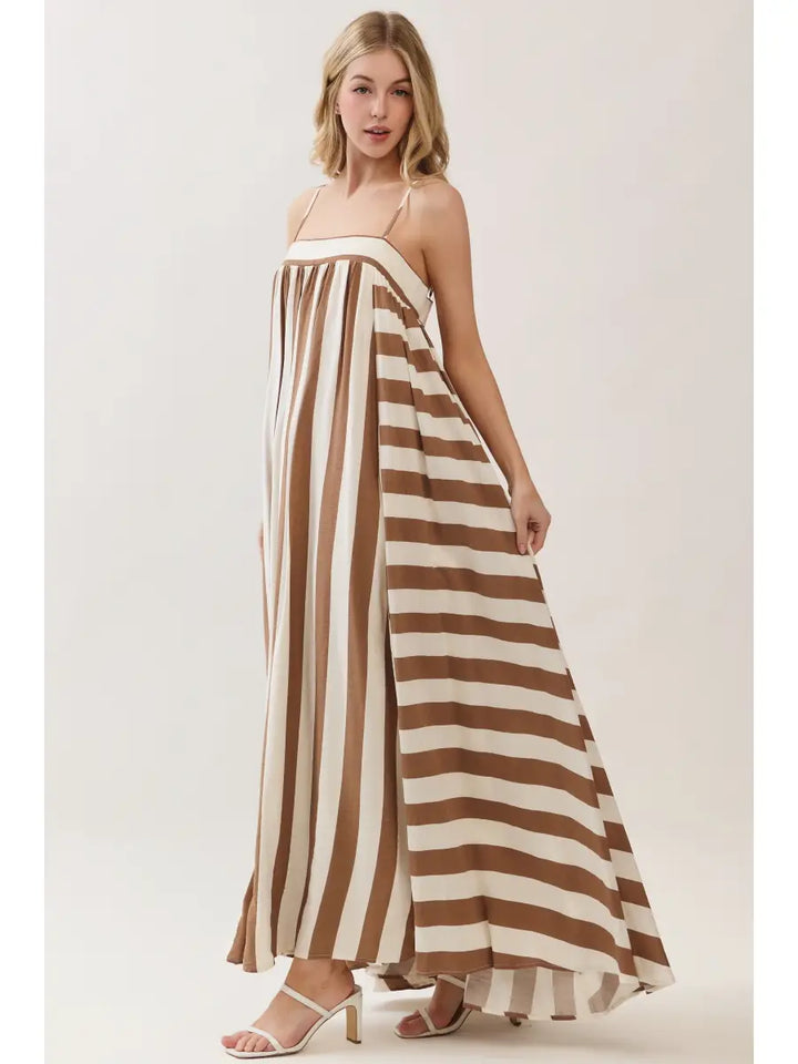 Mocha Striped Print Sleeveless Maxi Dress
