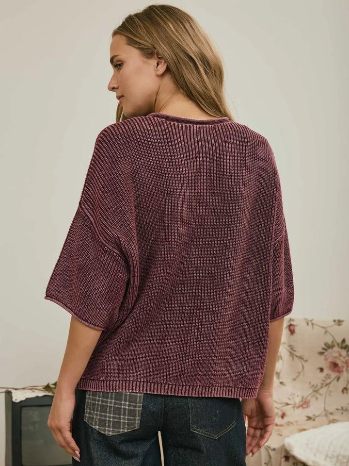 Burgundy Washed Ribbed Short Sleeve Rolled Edge Cardigan