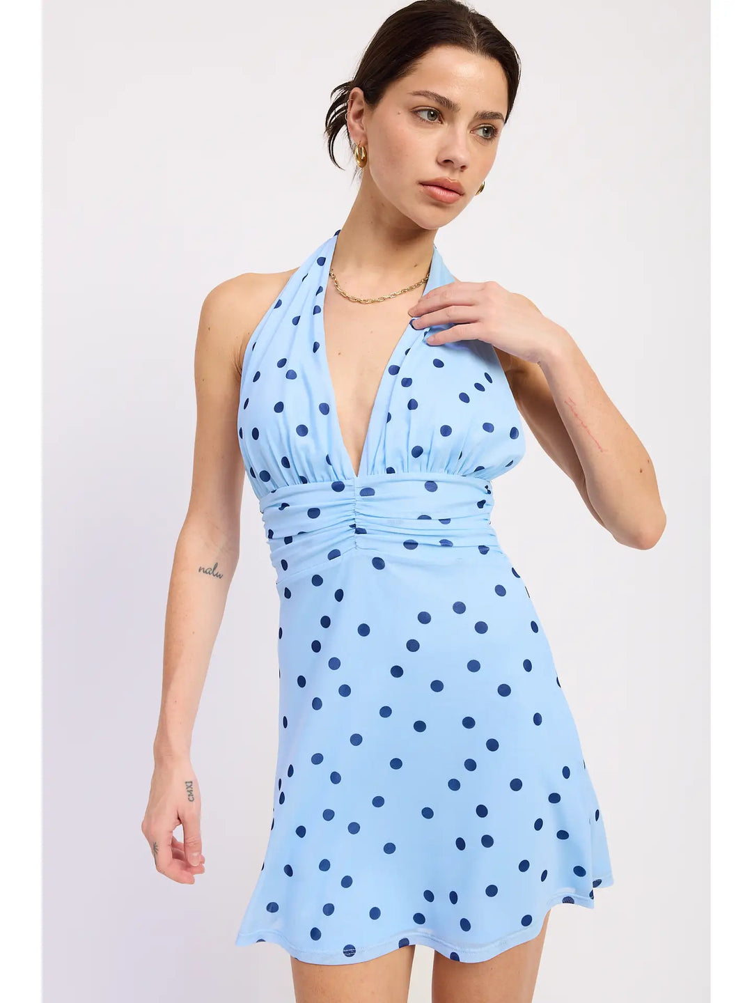 Blue Polka Dot Deep-V Halter Neck Mini Dress