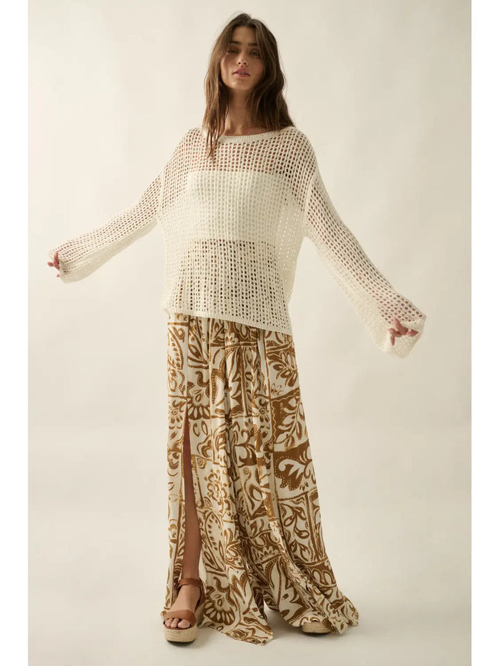 Open-Knit Crochet Sheer Loose-Fit Sweater