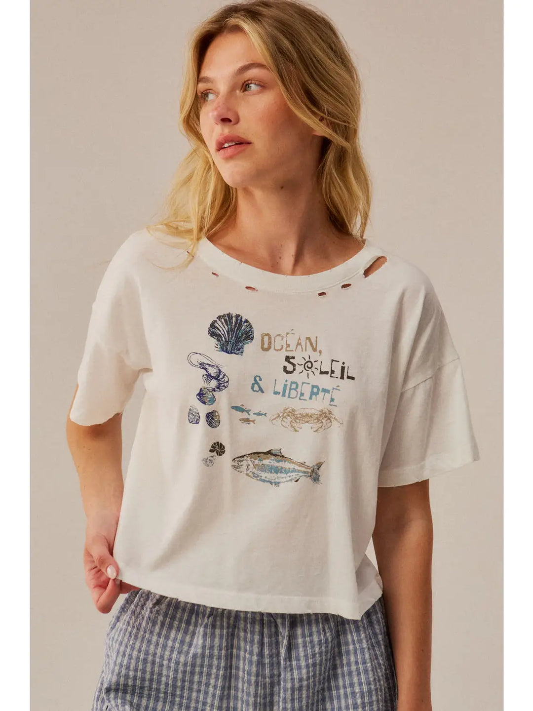 Océan Soleil & Liberté Distressed Cropped Graphic Tee