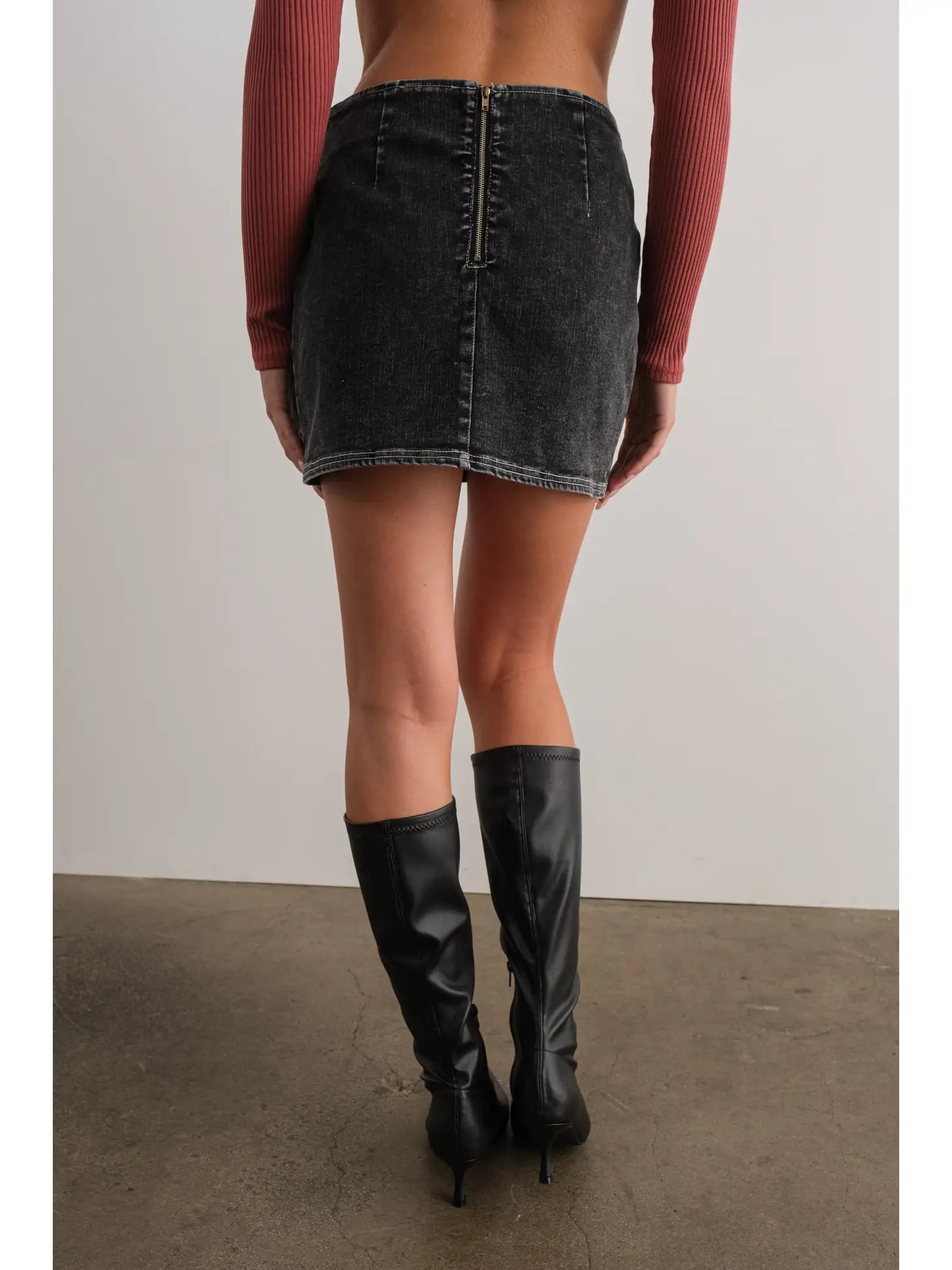 Stretch Denim Mini Skirt w/ Buckle