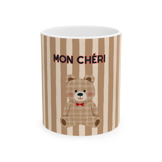 Mon Chéri Teddy Mug — Cute Striped Ceramic Coffee Cup (11oz, 15oz)