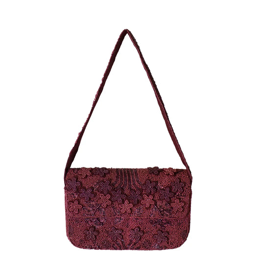 Fall Special Burgundy Flower Beaded Shoulder Bag