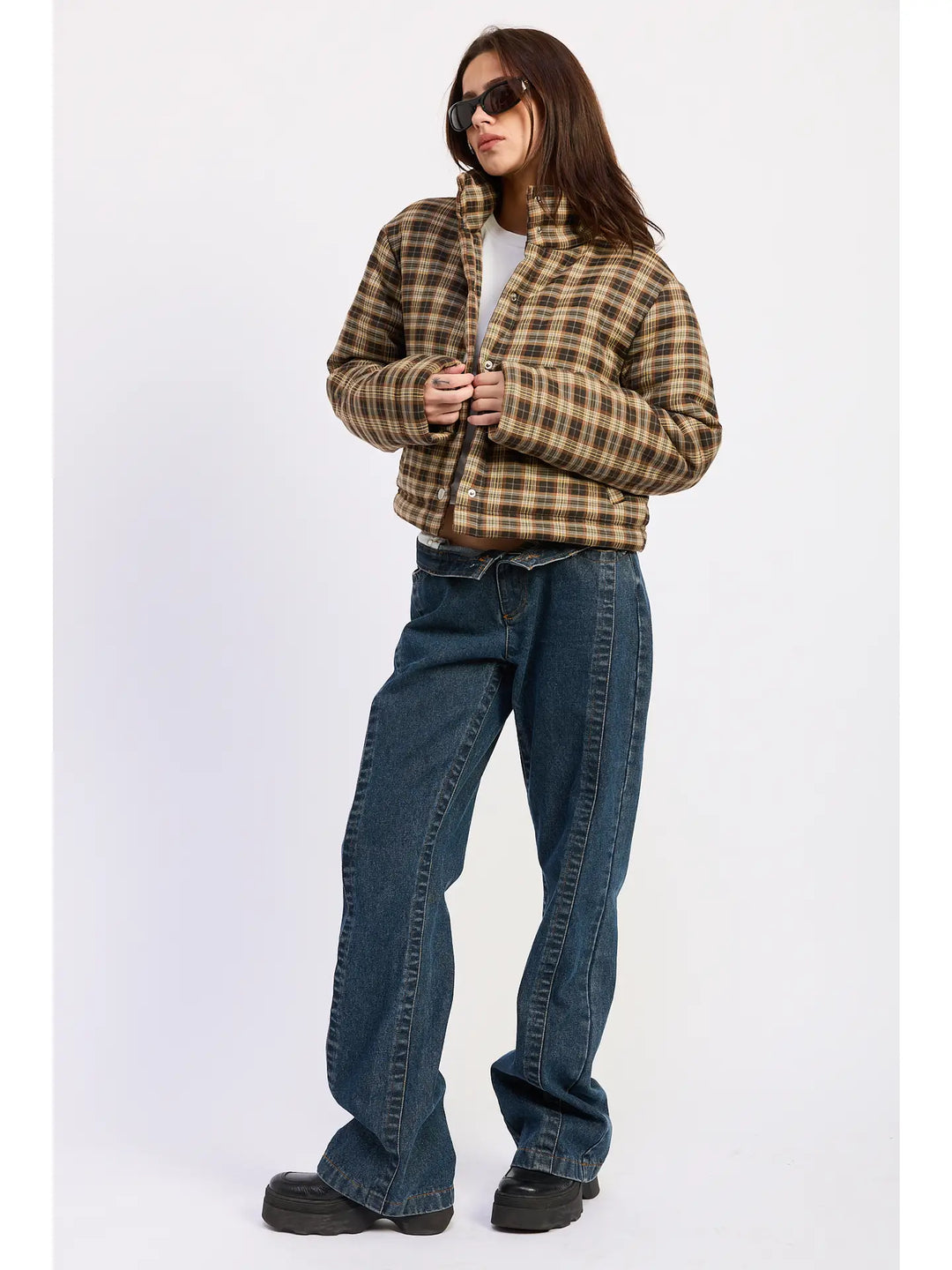 Collared Plaid Puffer Jacket