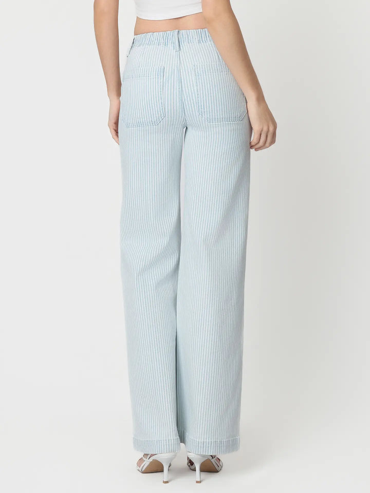 High Rise Drawstring Elastic Wb Striped Wide Jeans