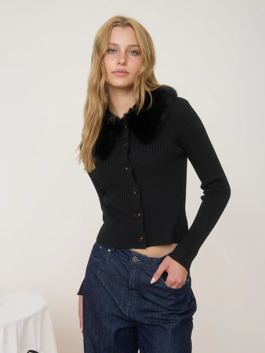 Faux Fur Collar Knit Top