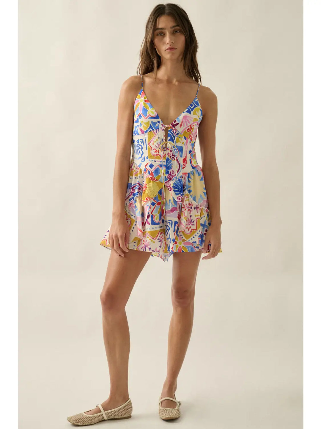Tropical Floral-Print Ruffled Tie-Front Cami Romper