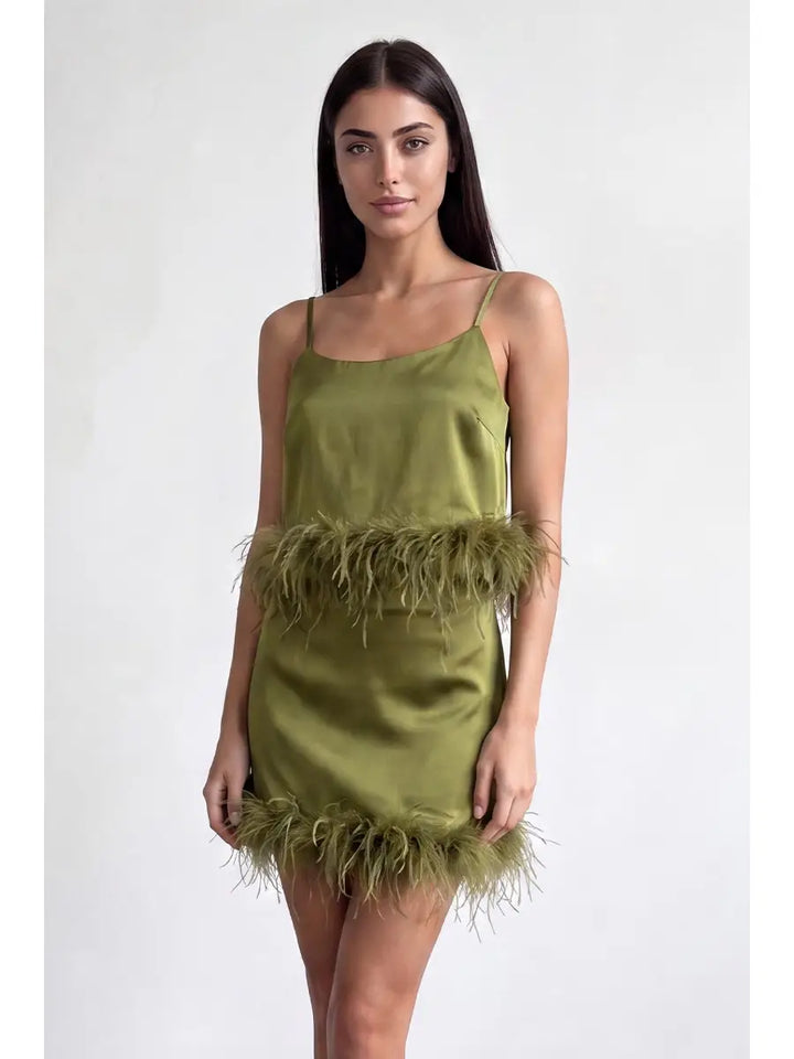 Chic Fur Trim Satin Cami Crop Top