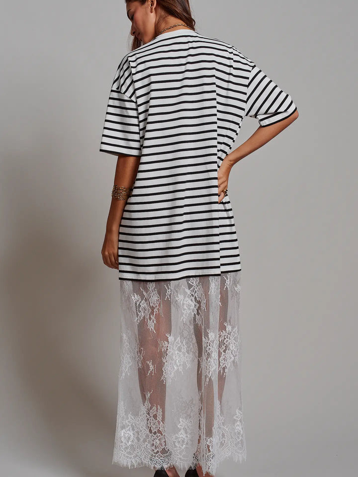 Mixed-Media T-Shirt Dress with Sheer Lace Skirt