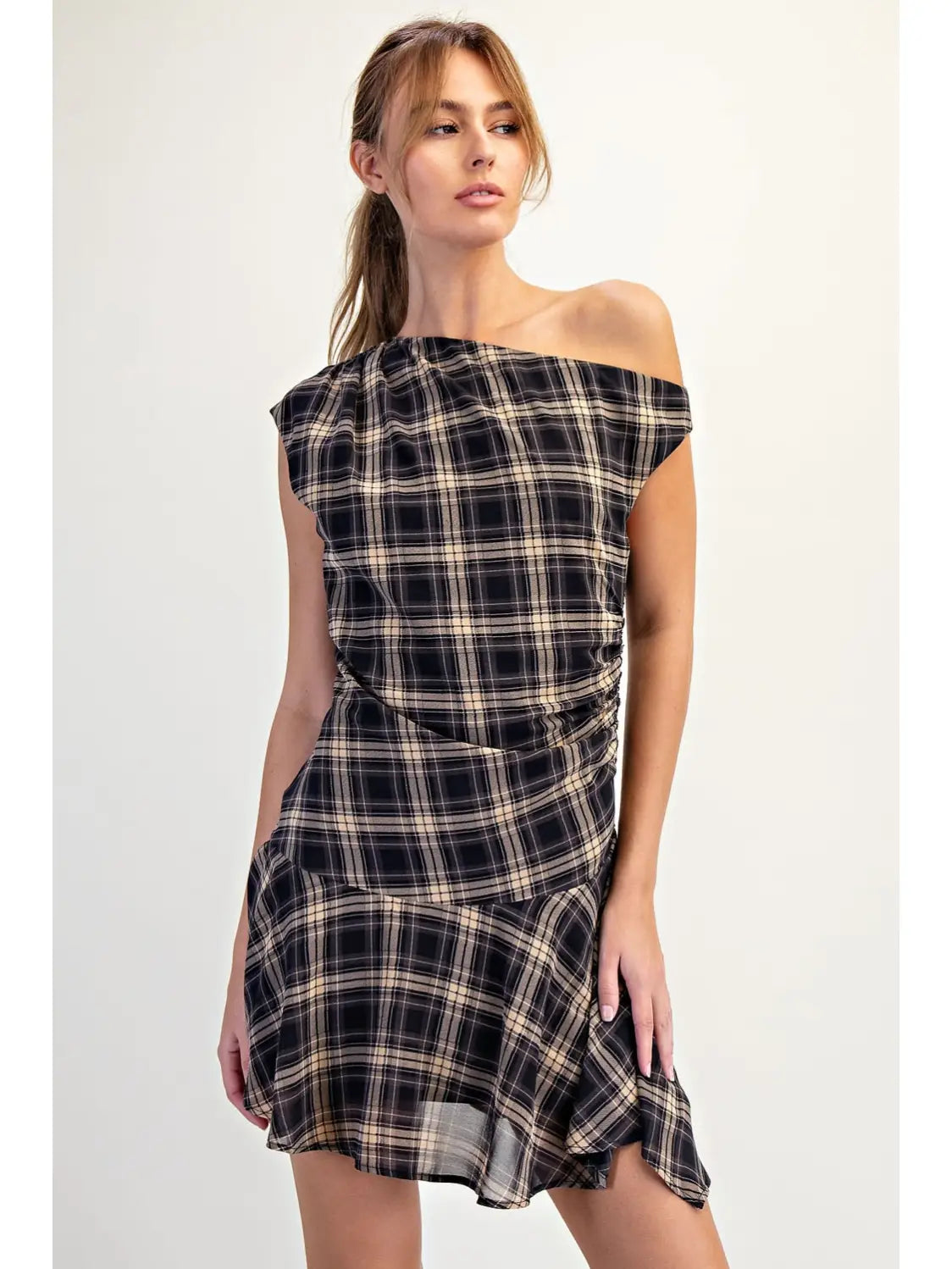 Plaid One Shoulder Ruffled Woven Dress