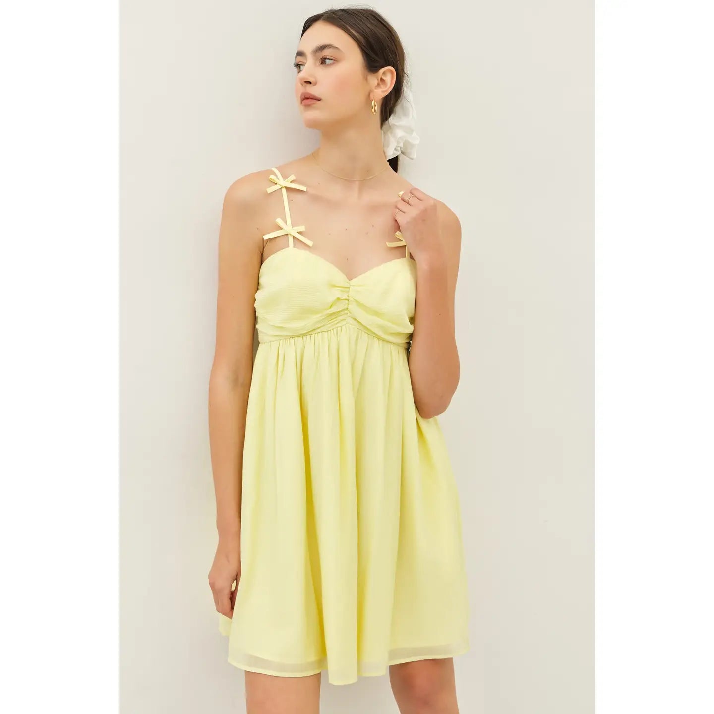 Lemon Woven Babydoll Mini Dress with Bow Detail