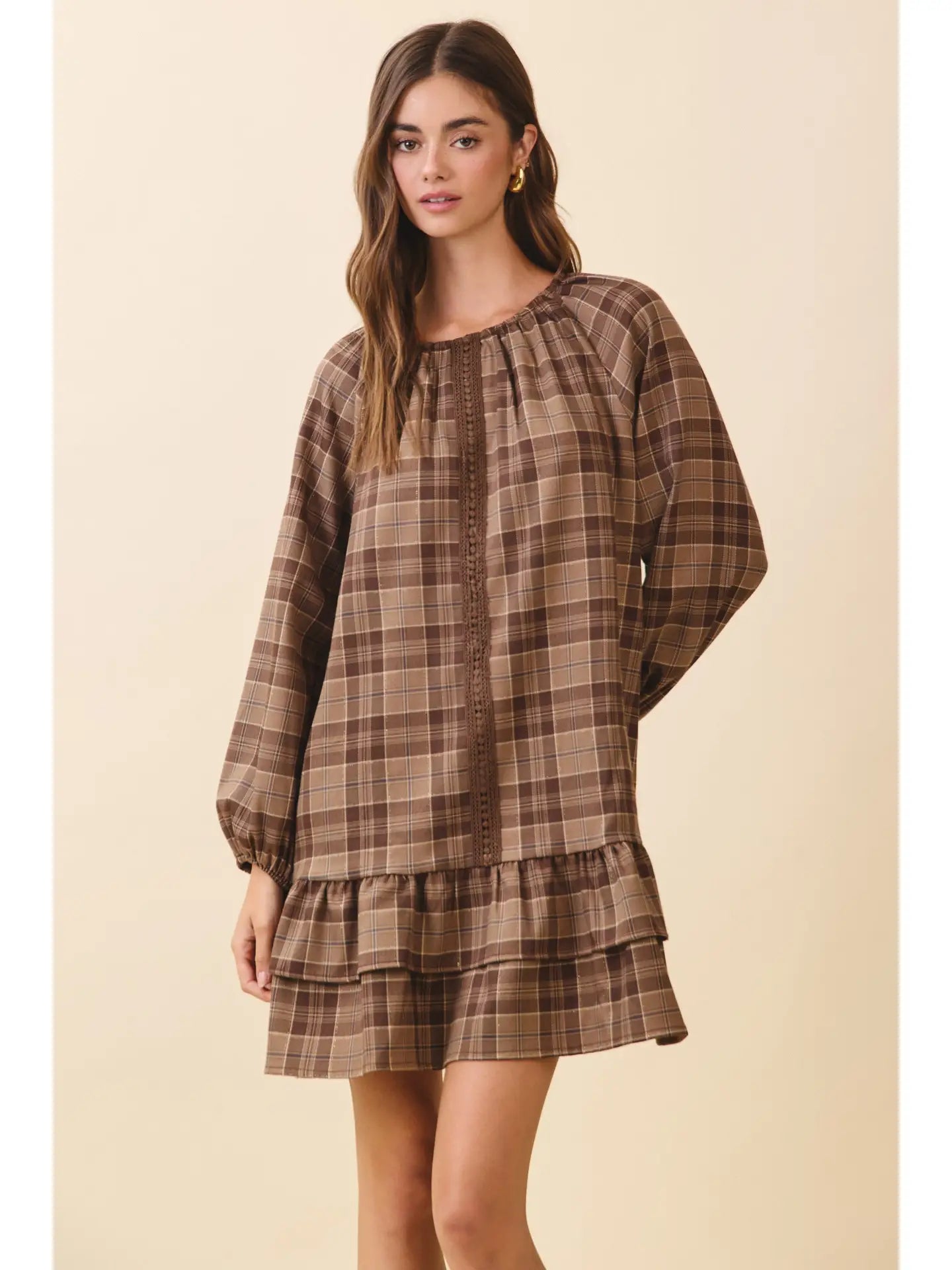 Plaid Tiered Ruffle Hem Lace Trim Detail Dress